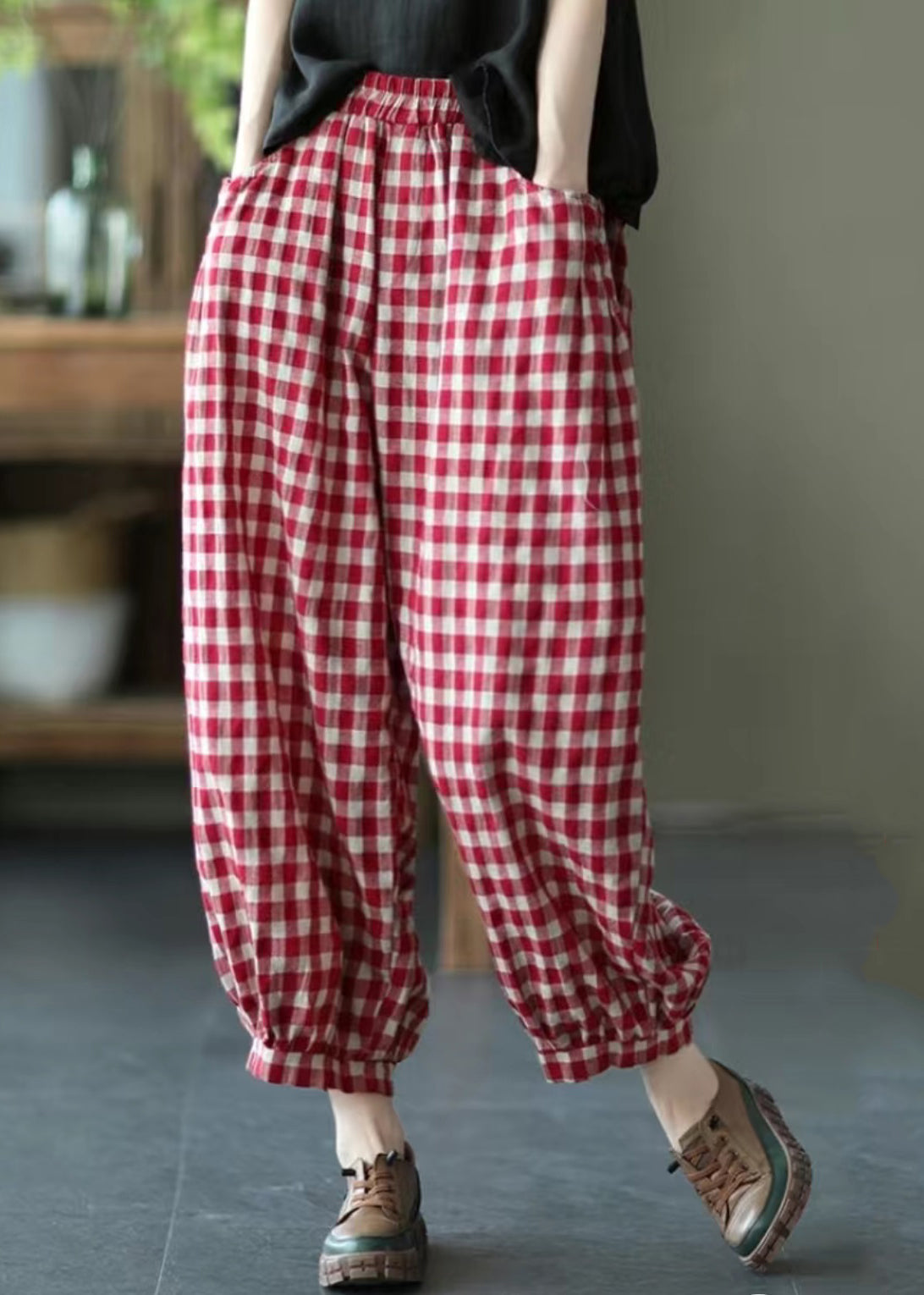 Loose Red Plaid Pockets Elastic Waist Crop Pants Summer TR012