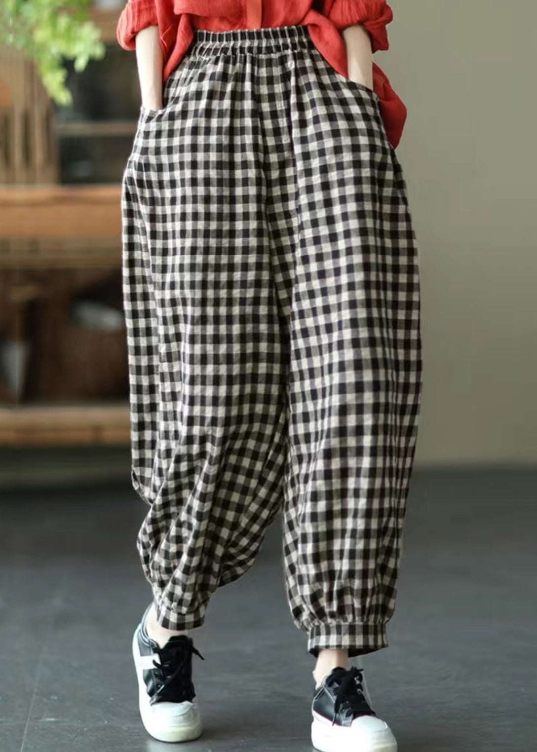 Loose Red Plaid Pockets Elastic Waist Crop Pants Summer TR012