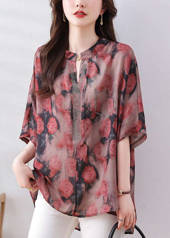 Loose Red Print Low High Design Button Silk Cotton Shirts Bracelet Sleeve QB012