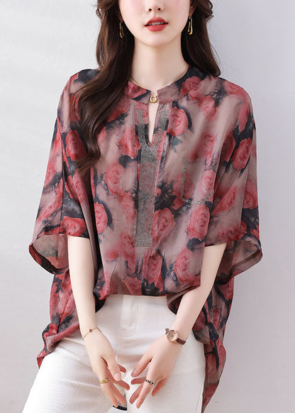 Loose Red Print Low High Design Button Silk Cotton Shirts Bracelet Sleeve QB012