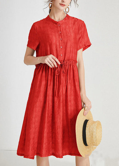 Loose Red Ruffled Tie Waist Silk Dress Short Sleeve Ada Fashion