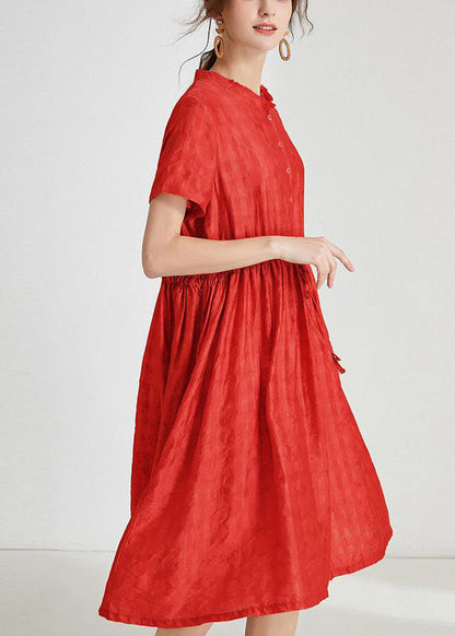 Loose Red Ruffled Tie Waist Silk Dress Short Sleeve Ada Fashion