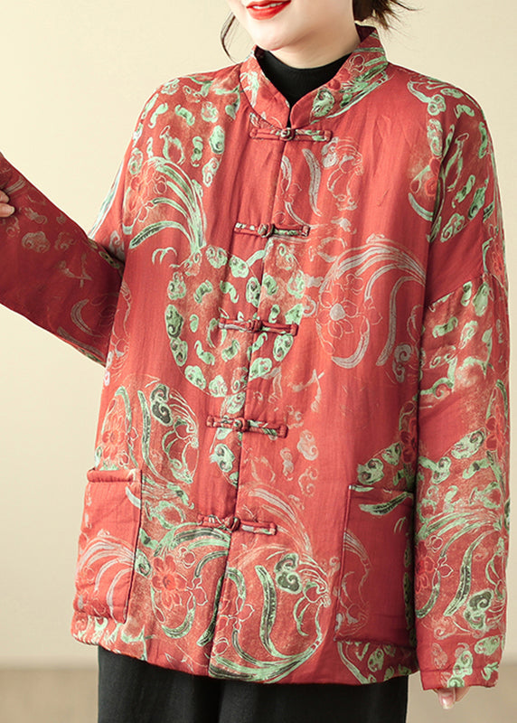 Loose Red Stand Collar Button Print Parka Winter QG002