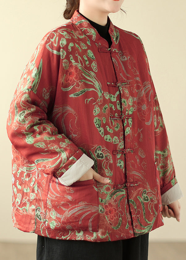 Loose Red Stand Collar Button Print Parka Winter QG002