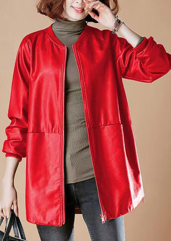 Vestes en similicuir rouge amples avec poches à col montant, printemps TH041