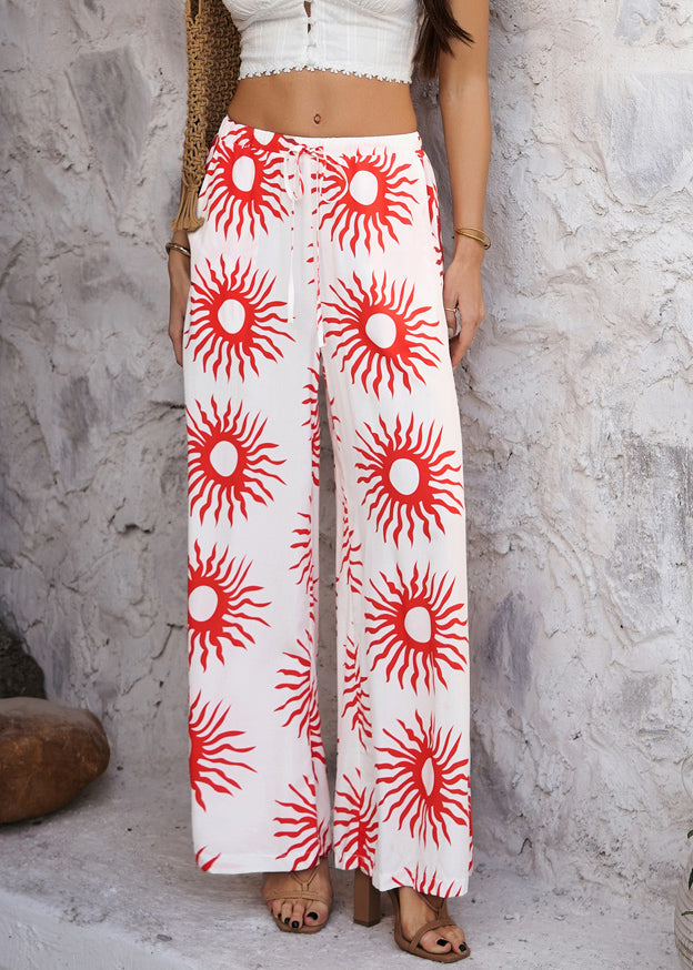 Sommer Hohe Hosen Breite Lose Taille Bein Rote Sonnenblume