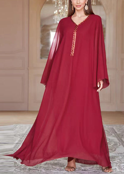 Lockeres rotes V-Ausschnitt Pailletten Chiffon Maxikleid Frühling AA1002