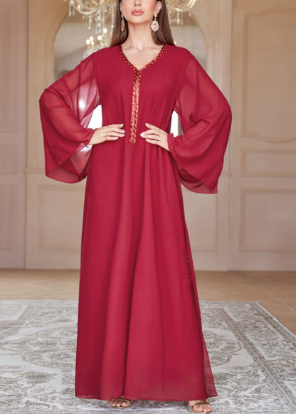 Lockeres rotes V-Ausschnitt Pailletten Chiffon Maxikleid Frühling AA1002