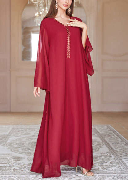 Lockeres rotes V-Ausschnitt Pailletten Chiffon Maxikleid Frühling AA1002