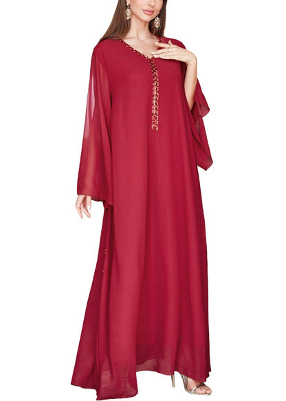 Lockeres rotes V-Ausschnitt Pailletten Chiffon Maxikleid Frühling AA1002