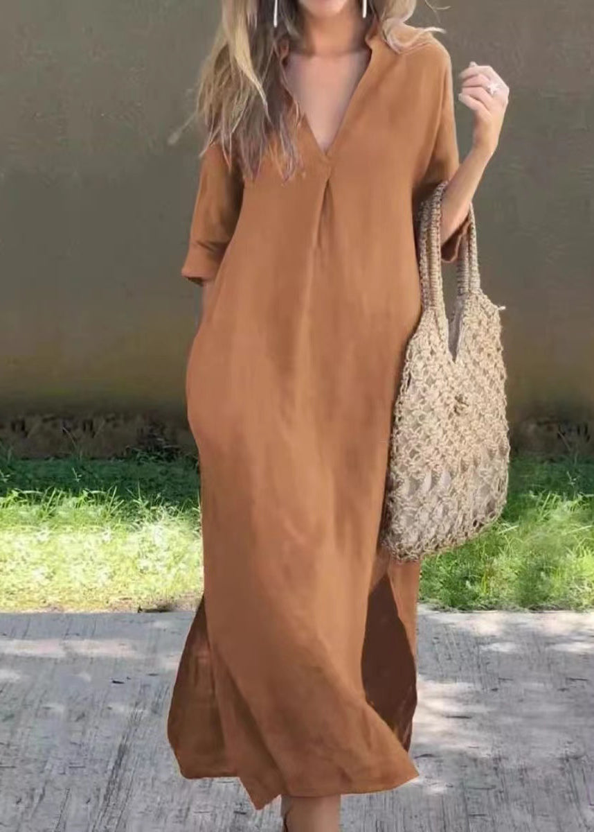 Half Holiday Neck Linen Open Side Loose Red Dress V Sleeve