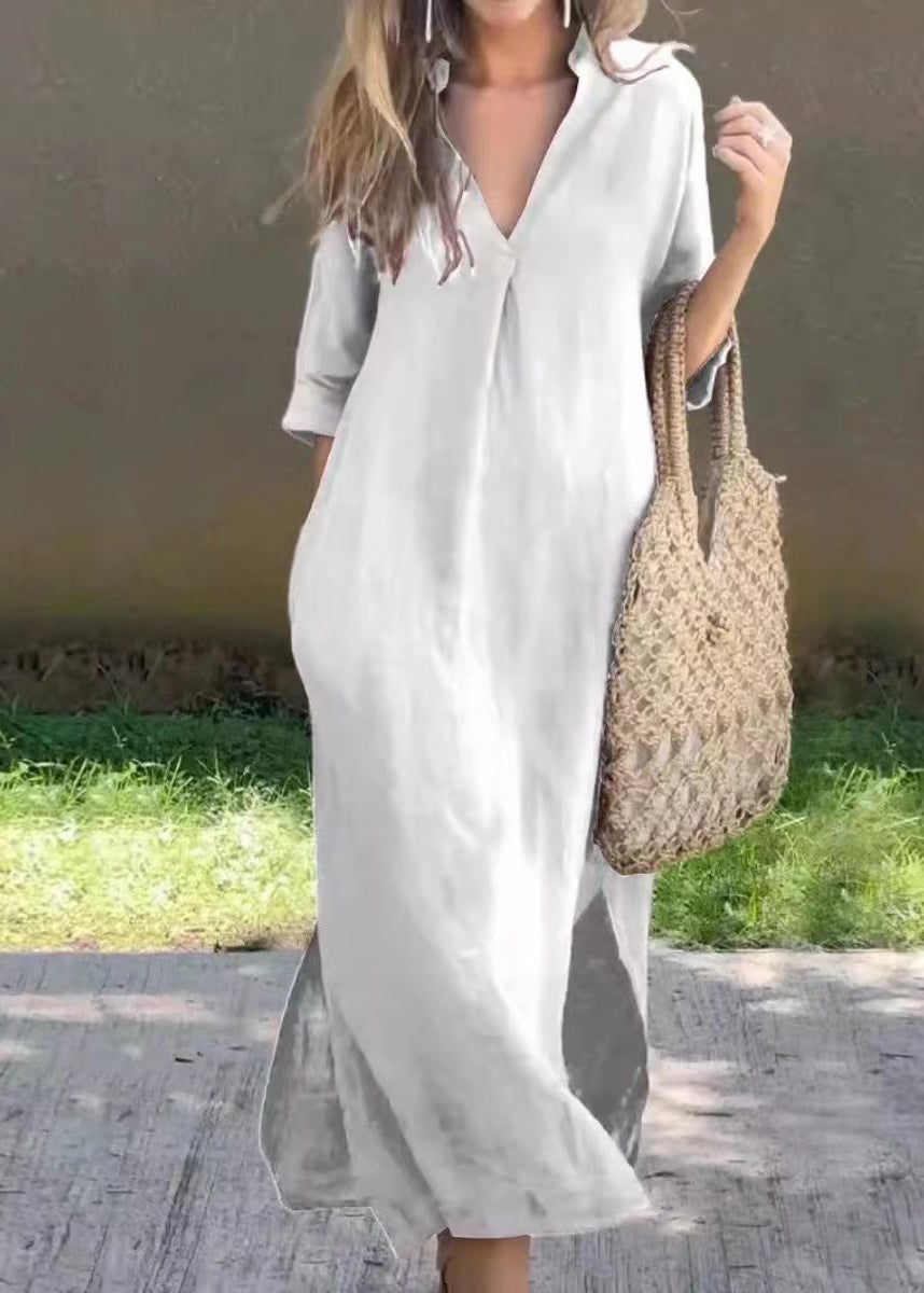 Half Holiday Neck Linen Open Side Loose Red Dress V Sleeve