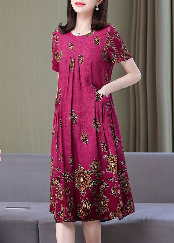 Loose Rose O Neck Print Pockets Cotton Dresses Summer VV069