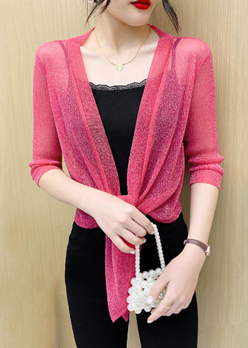 Loose Rose Solid Lace Up Tulle Cardigan Half Sleeve Ada Fashion