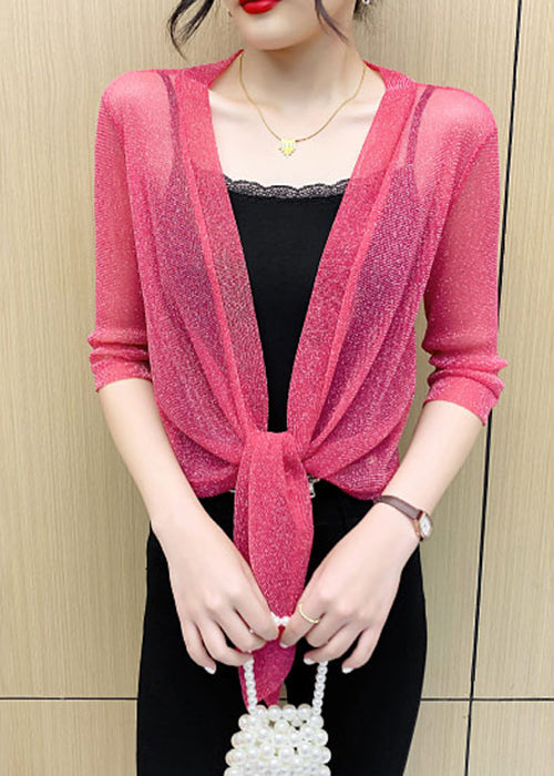 Loose Rose Solid Lace Up Tulle Cardigan Half Sleeve Ada Fashion