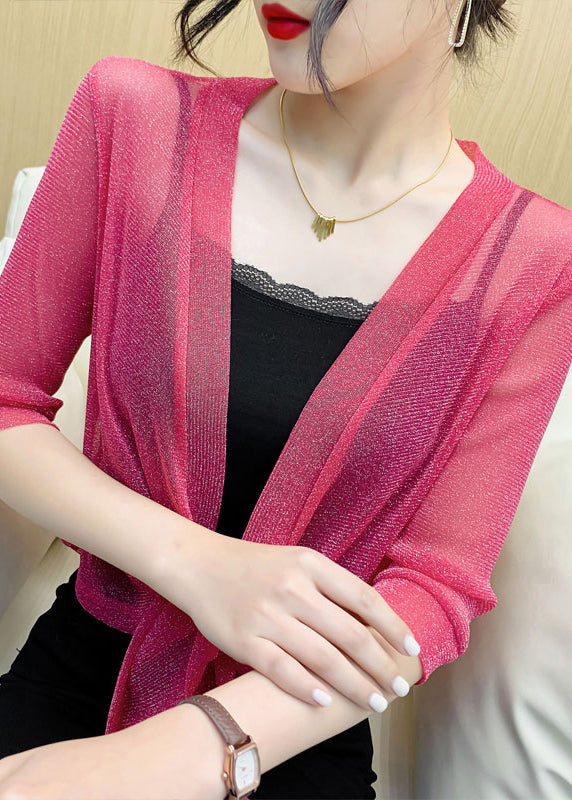 Loose Rose Solid Lace Up Tulle Cardigan Half Sleeve Ada Fashion