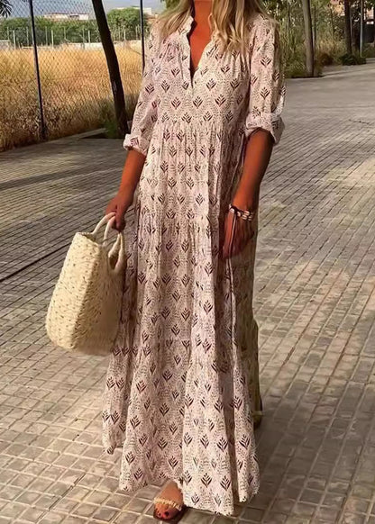 Loose Sky Blue V Neck Print Maxi Dresses Fall QA031