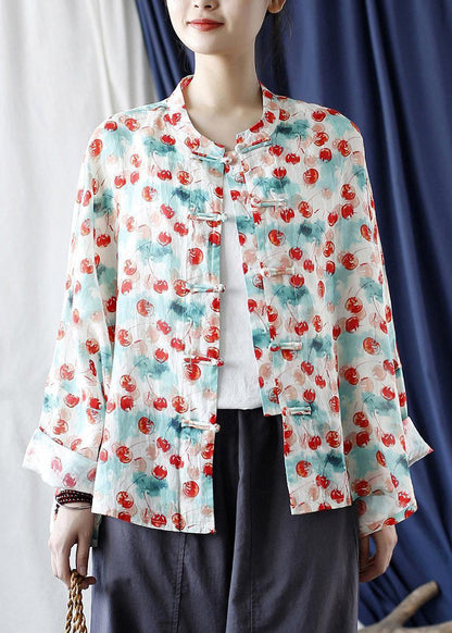 Loose Stand Collar Print Button Linen Blouse Long Sleeve VV053