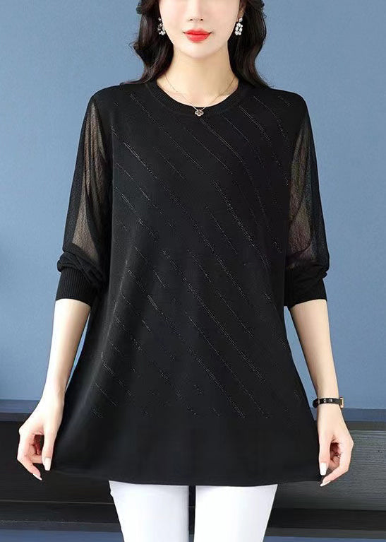Loose Striped O Neck Zircon Tulle Patchwork T Shirt Spring TB025