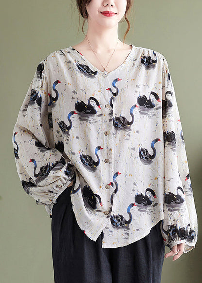 Loose V Neck Print Cotton Shirt Top Lantern Sleeve QA048