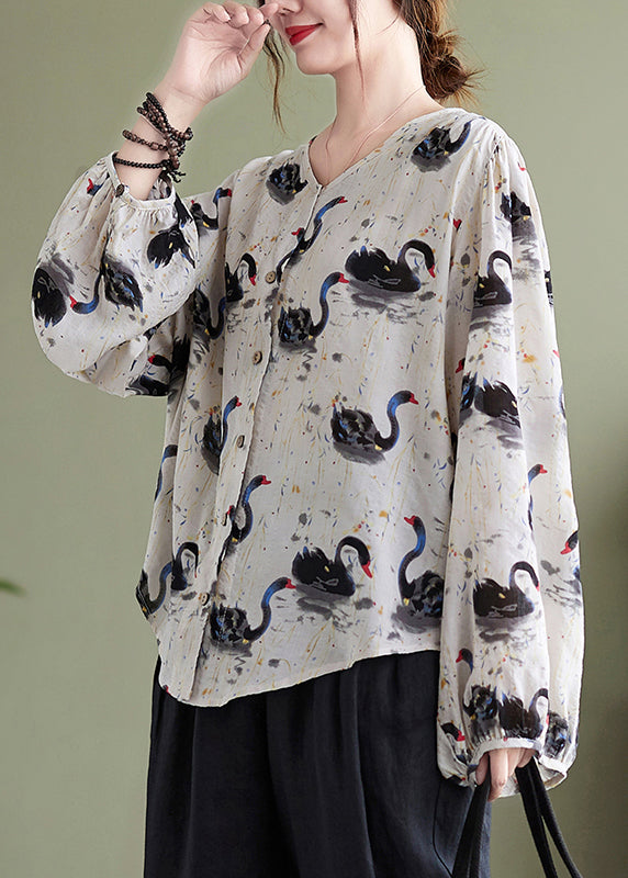 Loose V Neck Print Cotton Shirt Top Lantern Sleeve QA048