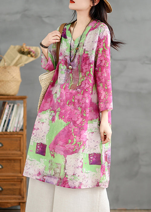 Robe à manches courtes en coton, col en V ample, imprimé