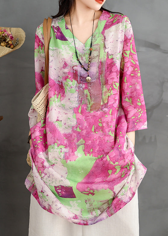 Robe à manches courtes en coton, col en V ample, imprimé