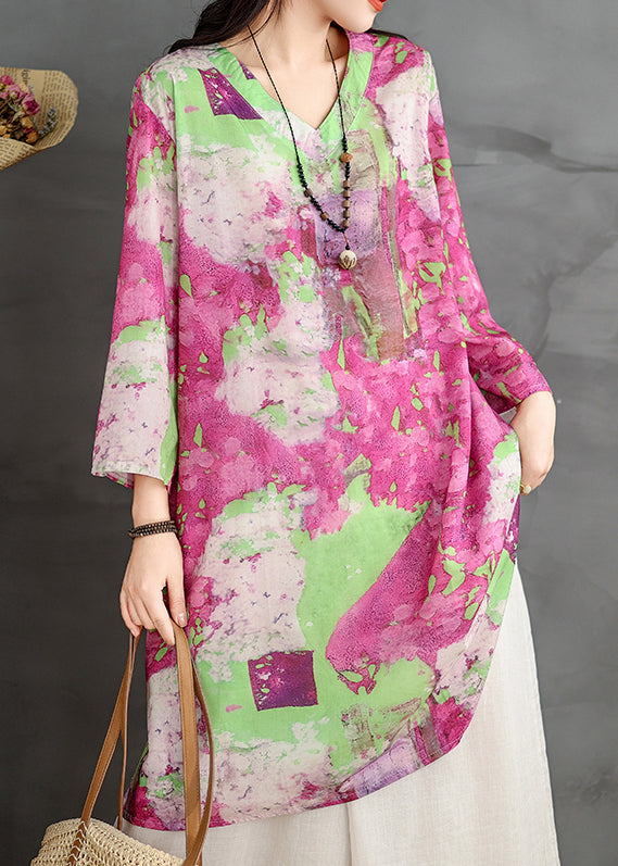 Robe à manches courtes en coton, col en V ample, imprimé