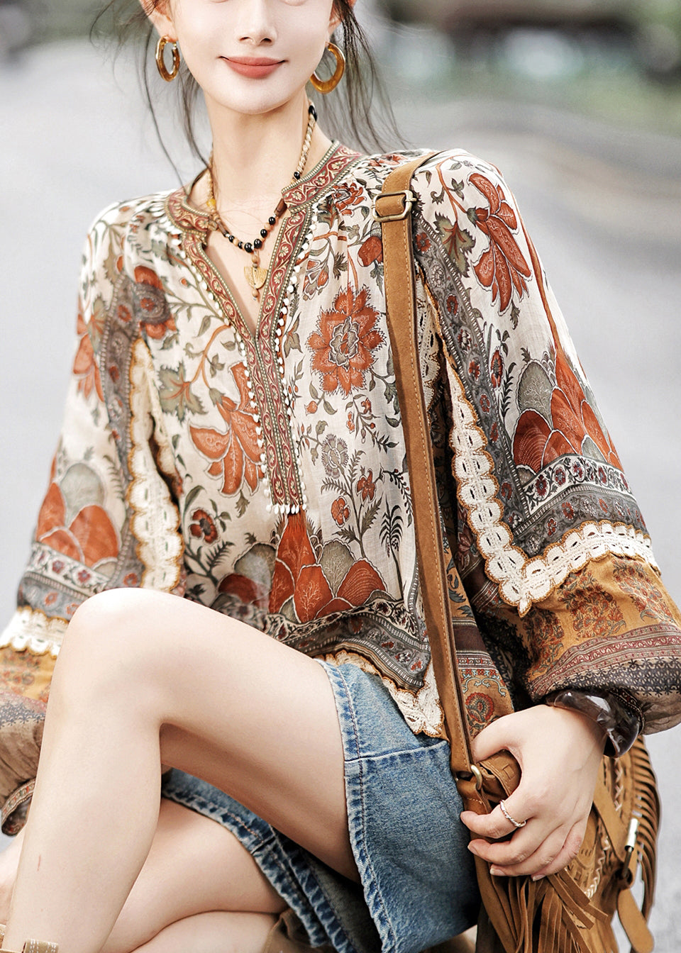 Loose V Neck Print Low High Design Cotton Tops Fall WX028