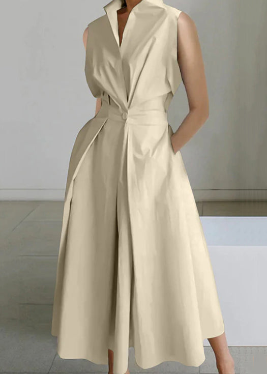 Robe longue sans manches à boutons et poches amples en coton blanc