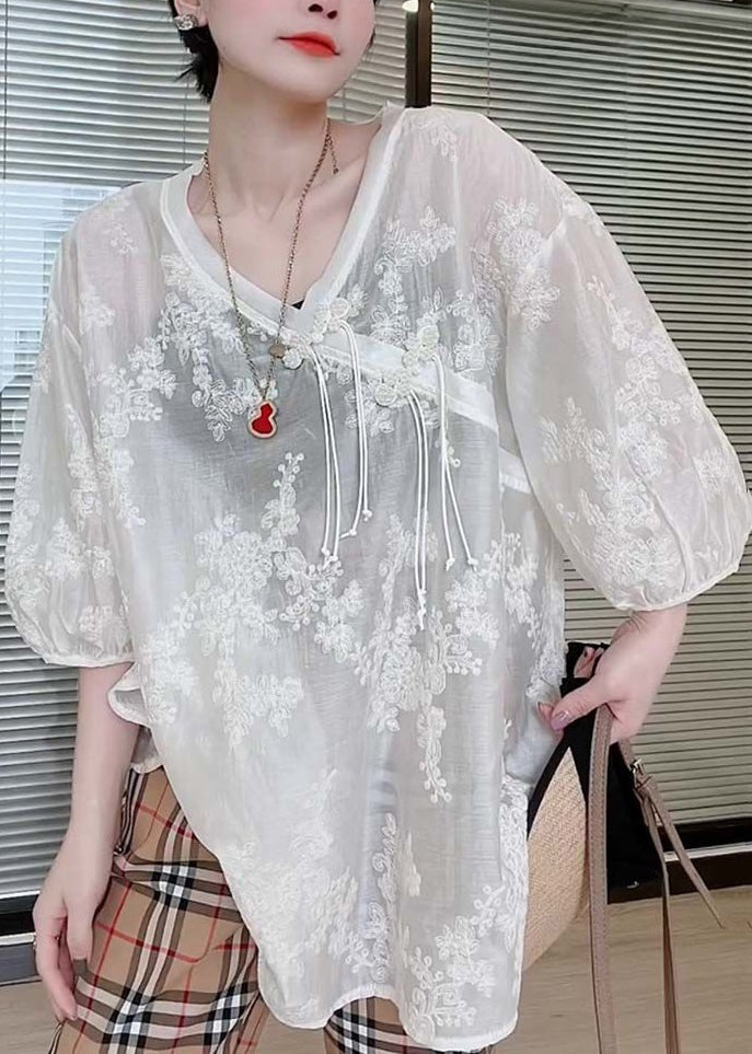 Loose White Embroidered Chinese Button Silk Cotton T Shirts Half Sleeved Ada Fashion