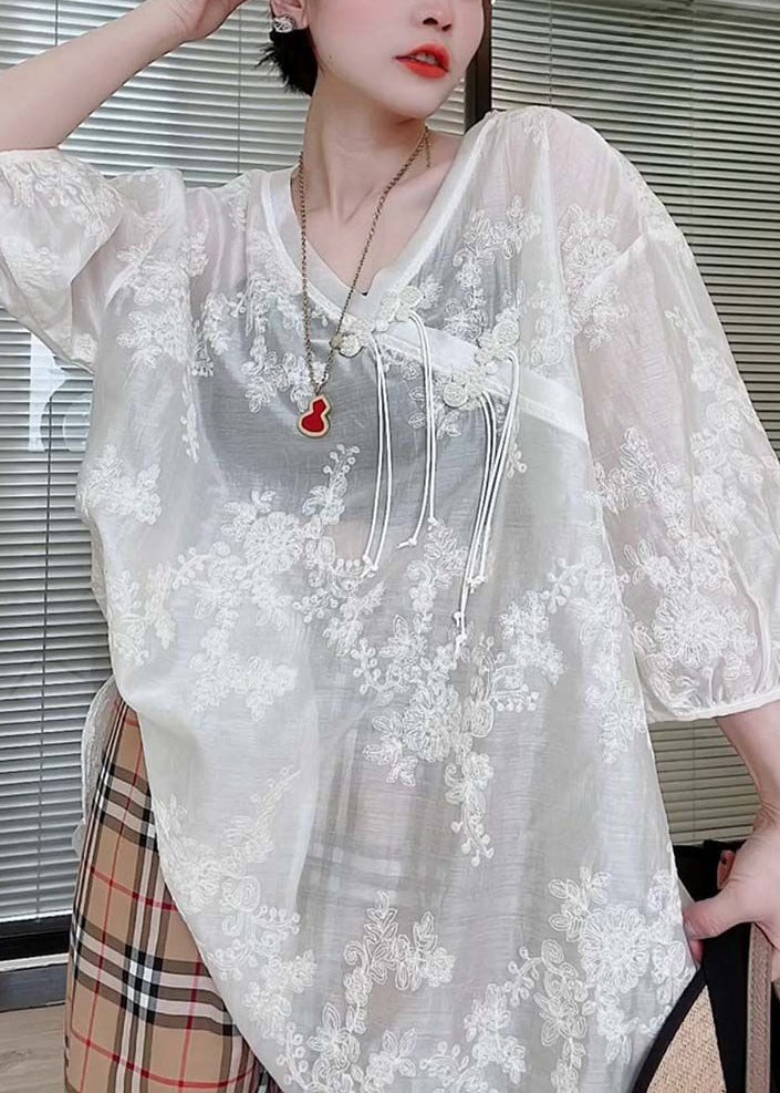 Loose White Embroidered Chinese Button Silk Cotton T Shirts Half Sleeved Ada Fashion