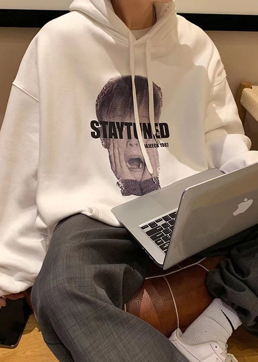 Lose weiße Kapuzen-Print-Taschen Baumwolle Herren Sweatshirt Frühling YQ020
