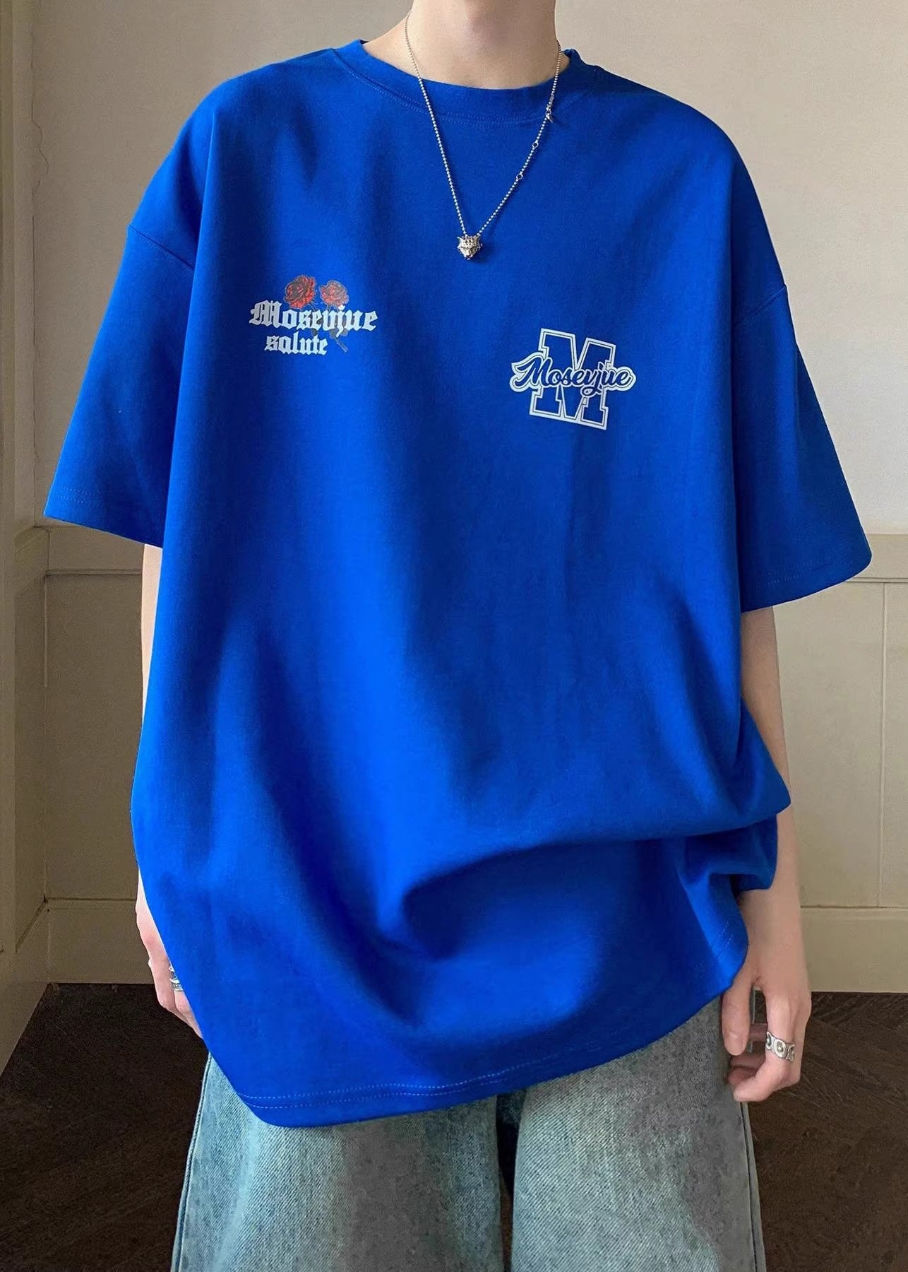 Mens Graphic Cotton Tees Half White Love Letter Loose Roses