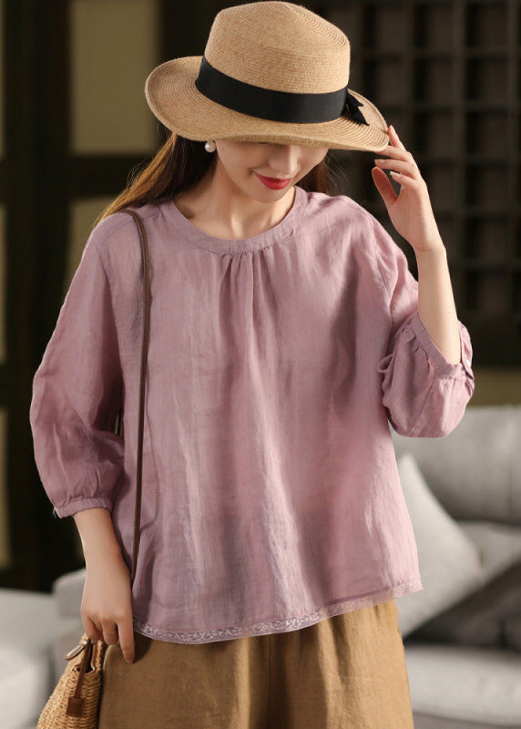 Summer Neck Tops Patchwork Shirt Loose O Lace White Linen