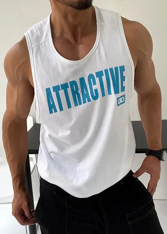 Weiß Ärmellos Tank Top Hals Lose Buchstaben Baumwolle Männer O