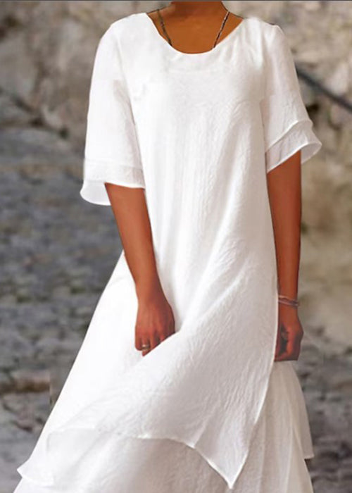 Robe ample en coton blanc à col rond et manches courtes FF069