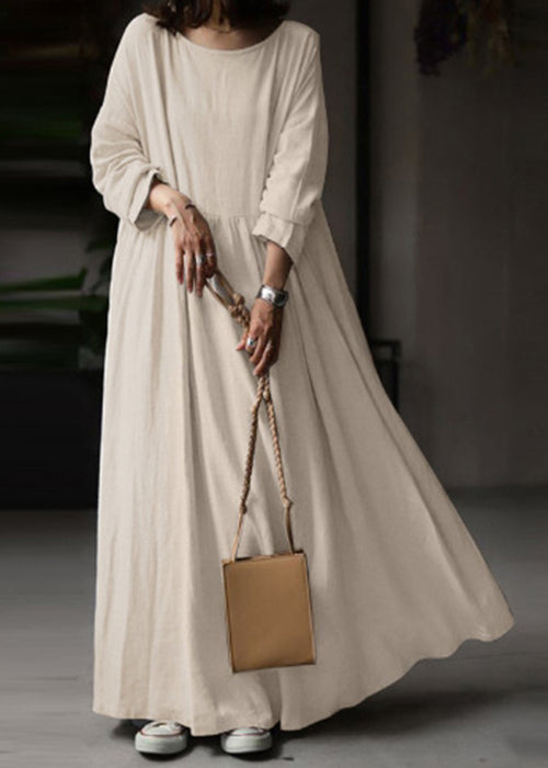 Loose White O Neck Solid Cotton Maxi Dress Long Sleeve FF053