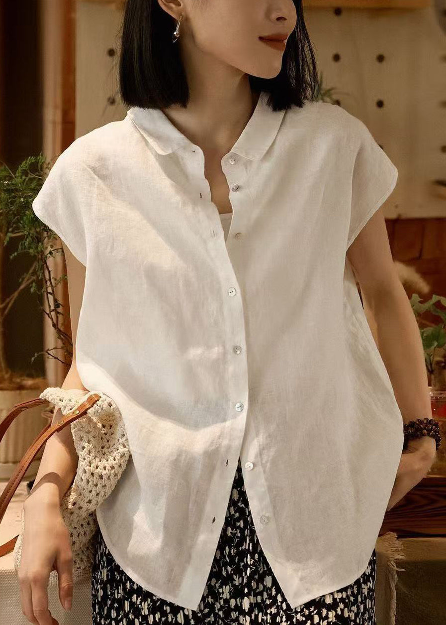 Loose Peter Collar Summer Pan White Solid Shirt Linen Button