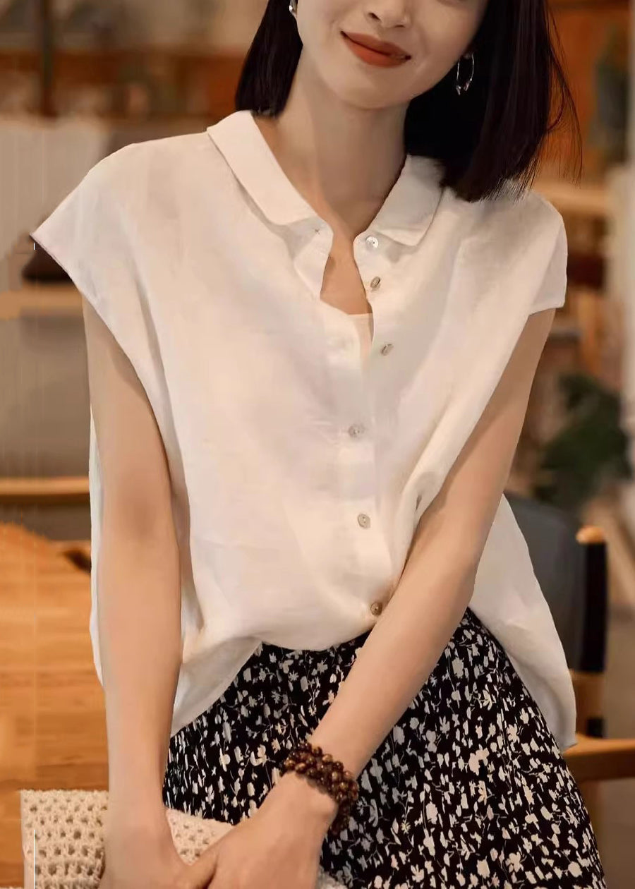 Loose Peter Collar Summer Pan White Solid Shirt Linen Button