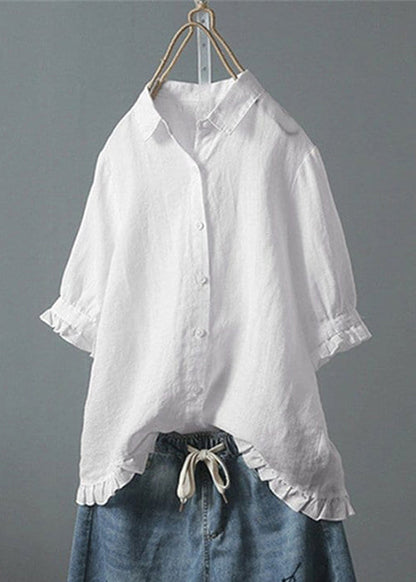 Loose White Ruffled Button Solid Cotton Shirt Summer QE032