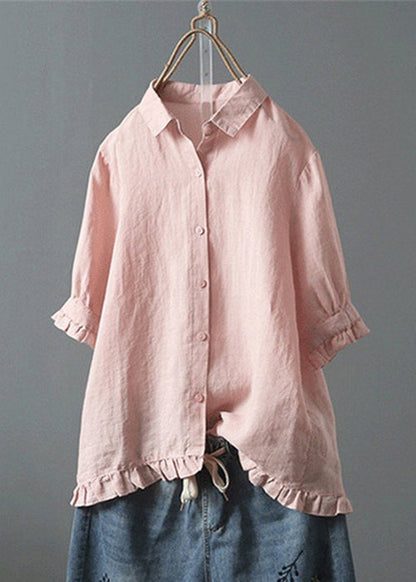 Loose White Ruffled Button Solid Cotton Shirt Summer QE032