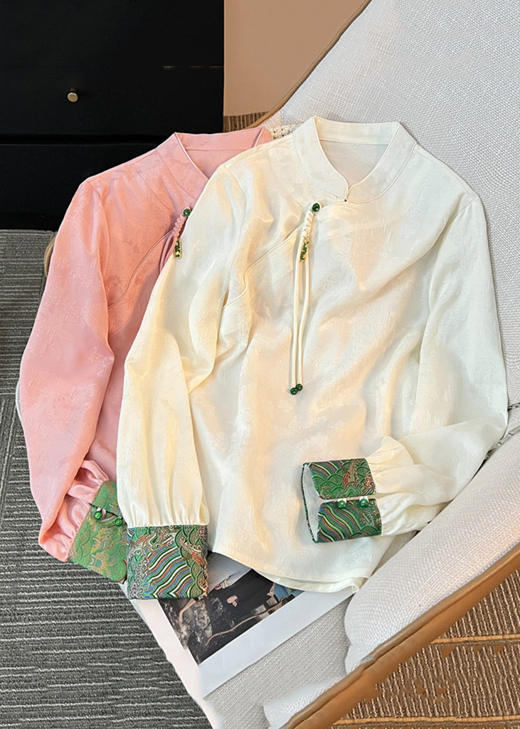 Loose White Stand Collar Button Silk Shirts Fall QO006