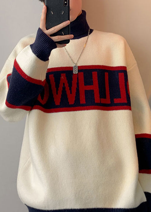 Loose White Turtleneck Letter Patchwork Knit Men Sweater Winter RJ048