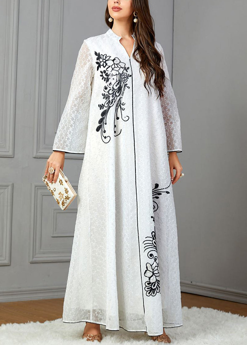 Loose White V Neck Print Cotton Dresses Long Sleeve AA1047