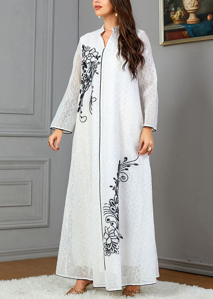 Loose White V Neck Print Cotton Dresses Long Sleeve AA1047