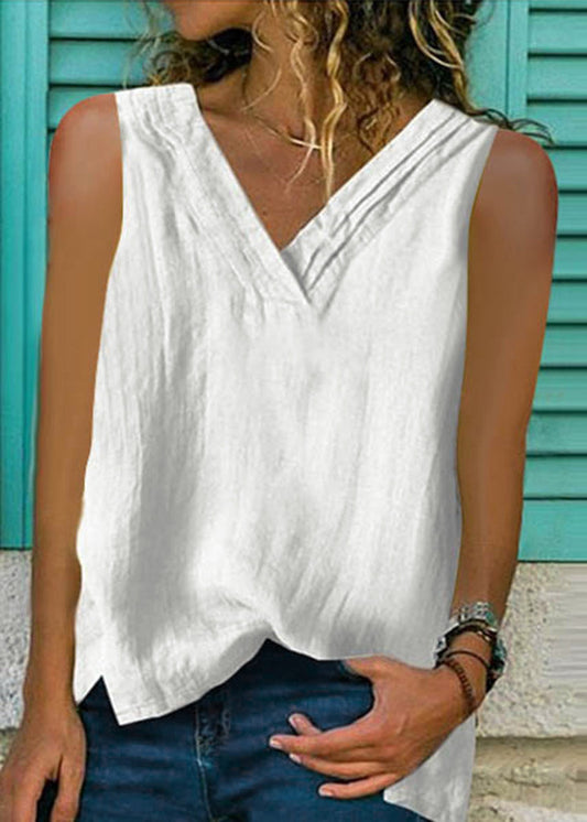 Loose White V Neck Solid Cotton Top Sleeveless FF052