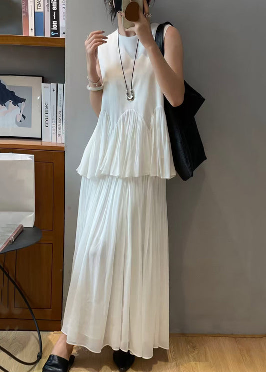 Weiß Chiffon Set Zweiteilige Lose Ärmellose Solide Falten