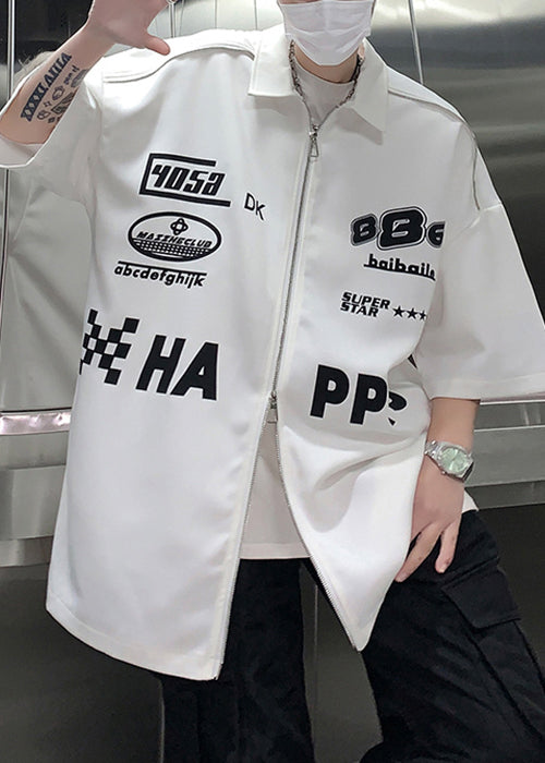 Shirt White Sleeve Up Mens Loose Letter Zip Half Cotton
