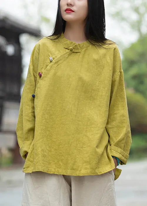 Loose Yellow Button Low High Design Linen Shirt Long Sleeve Ada Fashion
